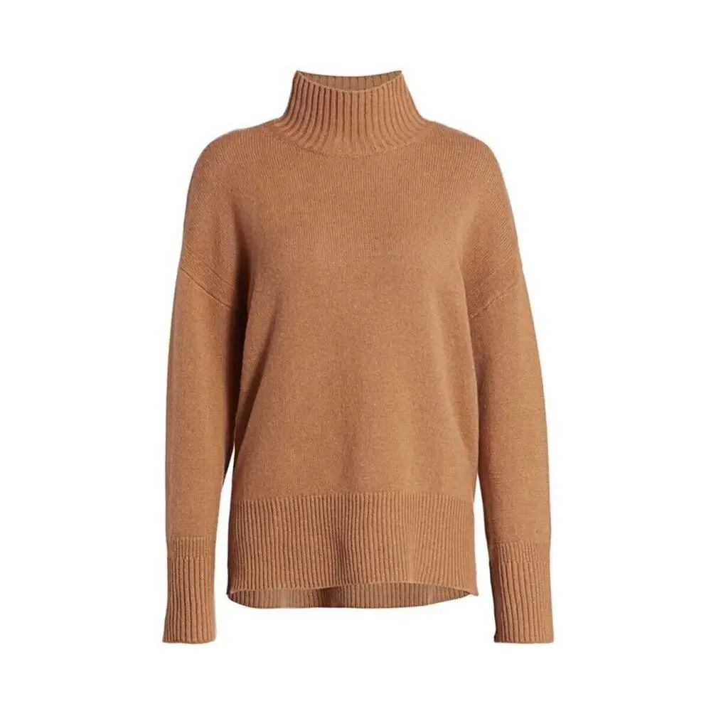 FRAME HIGH LOW SWEATER 100% CASHMERE LONG SLEEVED Mock Neck Tan Camel Brown